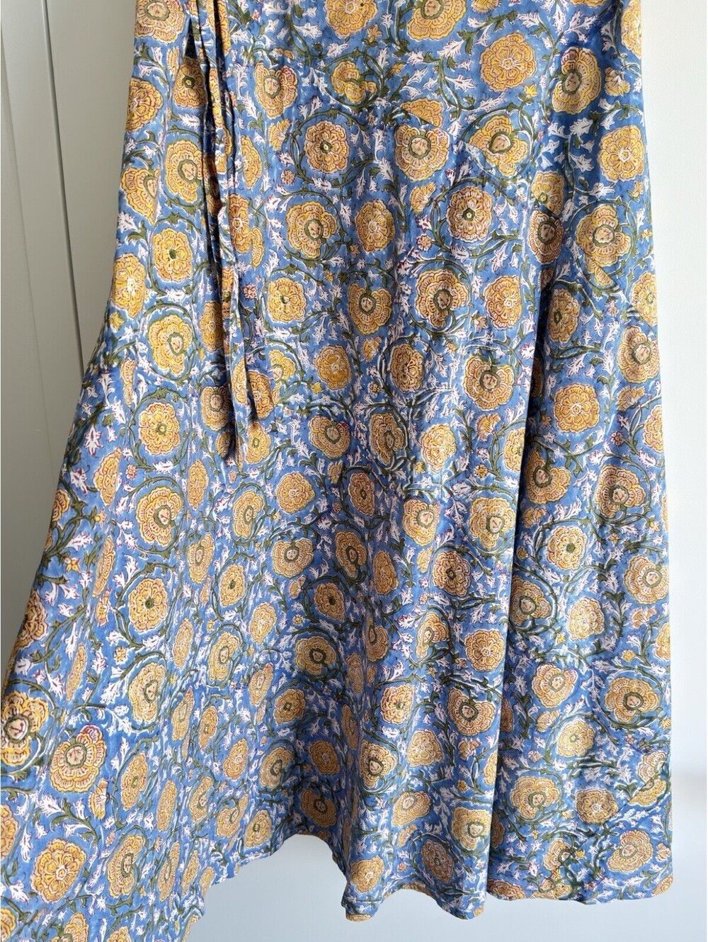 Banjaara Midi Wrap Skirt Blue Yellow Floral Hand Block Print Cotton L/XL - Picture 10 of 12